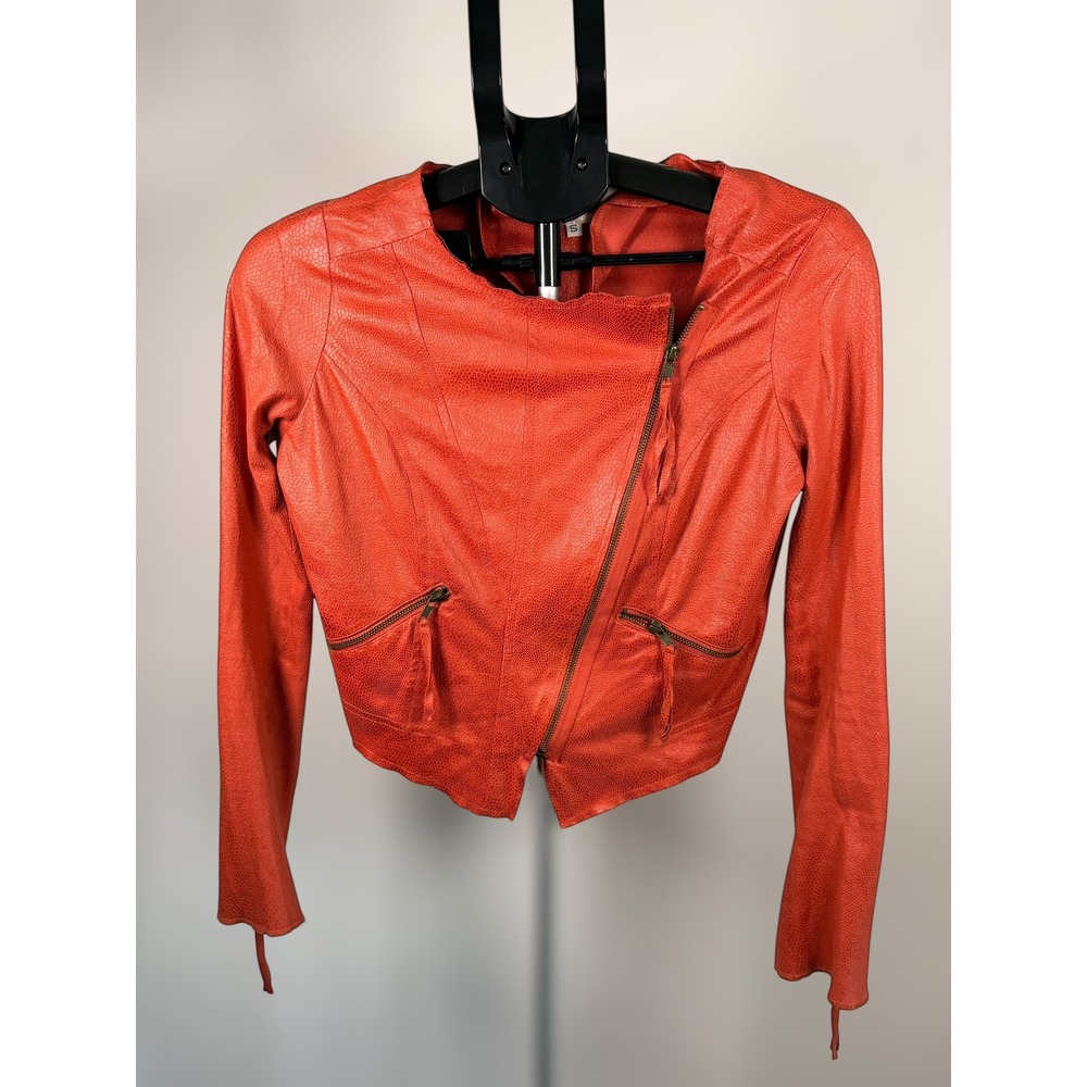 Georgie‎ Womens Textured Asymmetrical Zip Cropped Moto Jacket Orange Red Size S